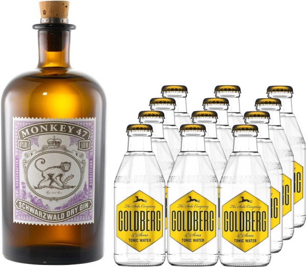 Monkey 47 Gin 0,5 Liter mit 12x Goldberg Tonic Water 0,2 Liter