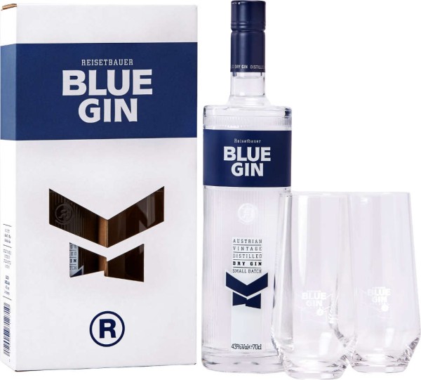Reisetbauer Blue Gin 0,7 Liter mit 2 Gläsern