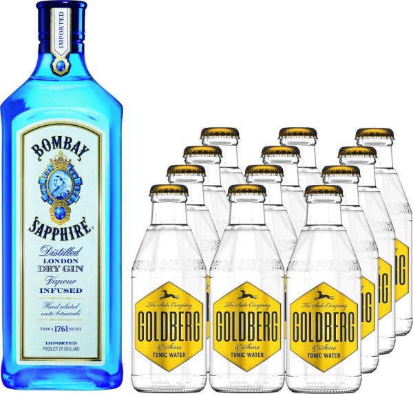 Bombay Sapphire Gin 1 Liter mit 12x Goldberg Tonic Water 0,2 Liter